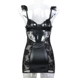 Leather Lace See Through Sexy Ruffled Lingerie Two Piece Set