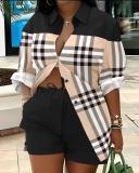 Women's Long Sleeve Printed Shirt Shorts Printed Two Piece Set