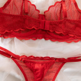 Sexy Lace Mesh Thin Summer Steel Ring Bra Thong Two Piece Lingerie Set