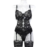 Crystal Heart Hollow Lace Sexy Three Piece Lingerie Set