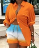 Women's Long Sleeve Printed Shirt Shorts Printed Two Piece Set