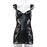 Leather Lace See Through Sexy Ruffled Lingerie Two Piece Set