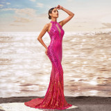 Women Round Neck off-shoulder Bodycon sequin Formal Party fishtail evening gown