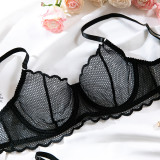 Sexy Lace Mesh Thin Summer Steel Ring Bra Thong Two Piece Lingerie Set