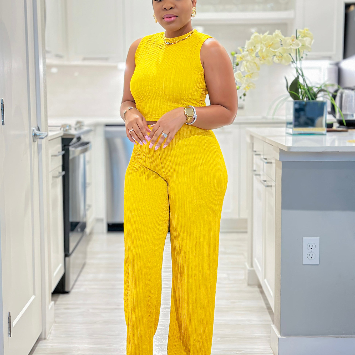 Casual High Stretch Ribbed Sleeveless Tank Top Wide Leg Pants Two Piece Set