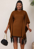 Three Quarter Sleeve Elegant Tassel Bat Sleeve Plus Size Dress