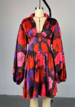 Women spring elegant printed v-neck backless dress Women spring elegant printed v-neck backless dress