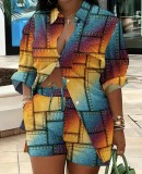 Women's Long Sleeve Printed Shirt Shorts Printed Two Piece Set