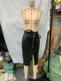 Women slit sexy pu Leather lace Bodycon Skirt