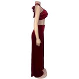 Women solid sexy strapless top and trousers two-piece suit