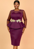Plus Size See Through Long Sleeve Ruffle Bodycon Dress