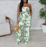Women Elegant Strapless Printed Wide-leg Jumpsuit