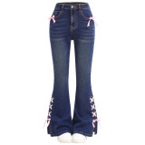 Women Bow Denim Wide-leg Pants
