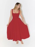 Spring Summer Square Neck Sleeveless Slim Waist Strap Dress