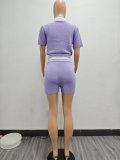 Fashionable Summer Turndown Collar Contrast Knit Top Shorts Set