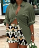 Women's Long Sleeve Printed Shirt Shorts Printed Two Piece Set