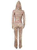 Women Autumn Zipper Hooded Leopard Print Top and Pants Two Piece Set