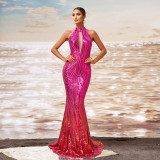Women Round Neck off-shoulder Bodycon sequin Formal Party fishtail evening gown