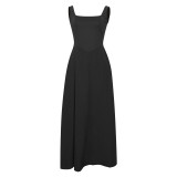 Spring Summer Square Neck Sleeveless Slim Waist Strap Dress