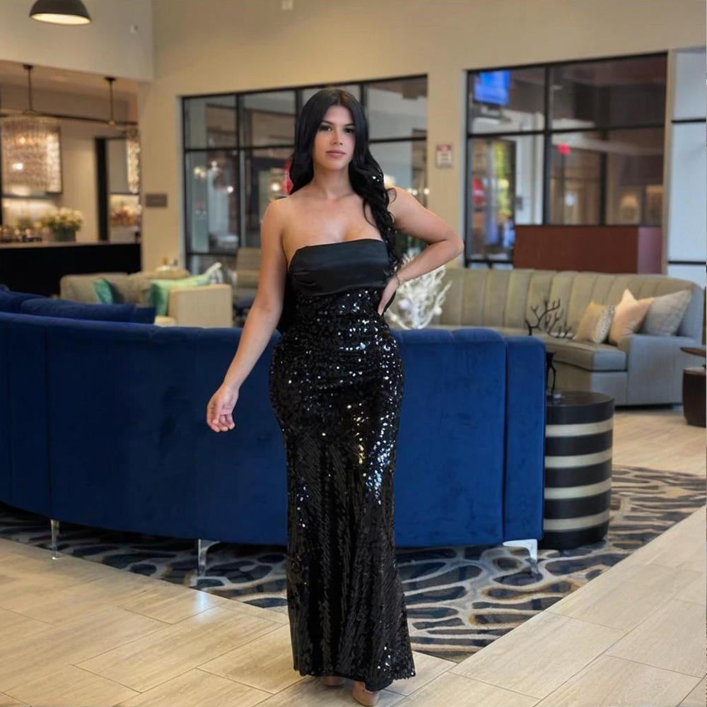 Women Sexy Strapless Satin Patchwork Sequin Fishtail Dress