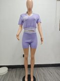 Fashionable Summer Turndown Collar Contrast Knit Top Shorts Set