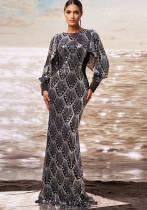 Women Long Sleeve Round Neck Bodycon Sequin Formal Party Fishtail Evening Dress