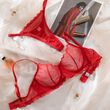 Sexy Lace Mesh Thin Summer Steel Ring Bra Thong Two Piece Lingerie Set
