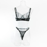 Sexy Lace Mesh Thin Summer Steel Ring Bra Thong Two Piece Lingerie Set