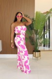 Women Elegant Strapless Printed Wide-leg Jumpsuit