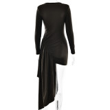 Elegant Round Neck Long Sleeve Pleated Ribbon Bodycon Dress