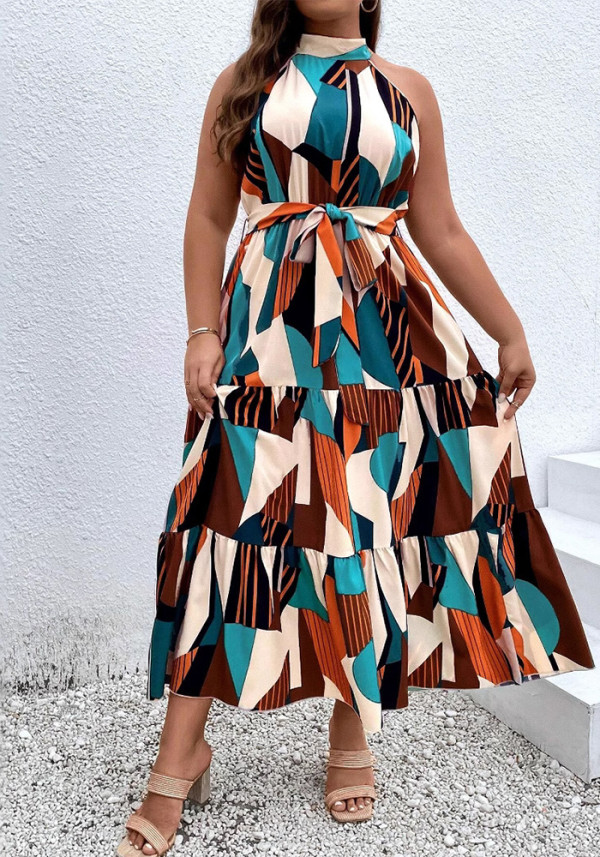 Spring Summer Plus Size Sleeveless Strap Printed Loose Casual Dress for Women
