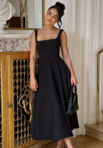 Spring Summer Square Neck Sleeveless Slim Waist Strap Dress