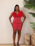 High Street Feathered Beaded Strapless Tight Fit See Through Plus Size Club Dress