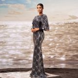 Women Long Sleeve Round Neck Bodycon Sequin Formal Party Fishtail Evening Dress
