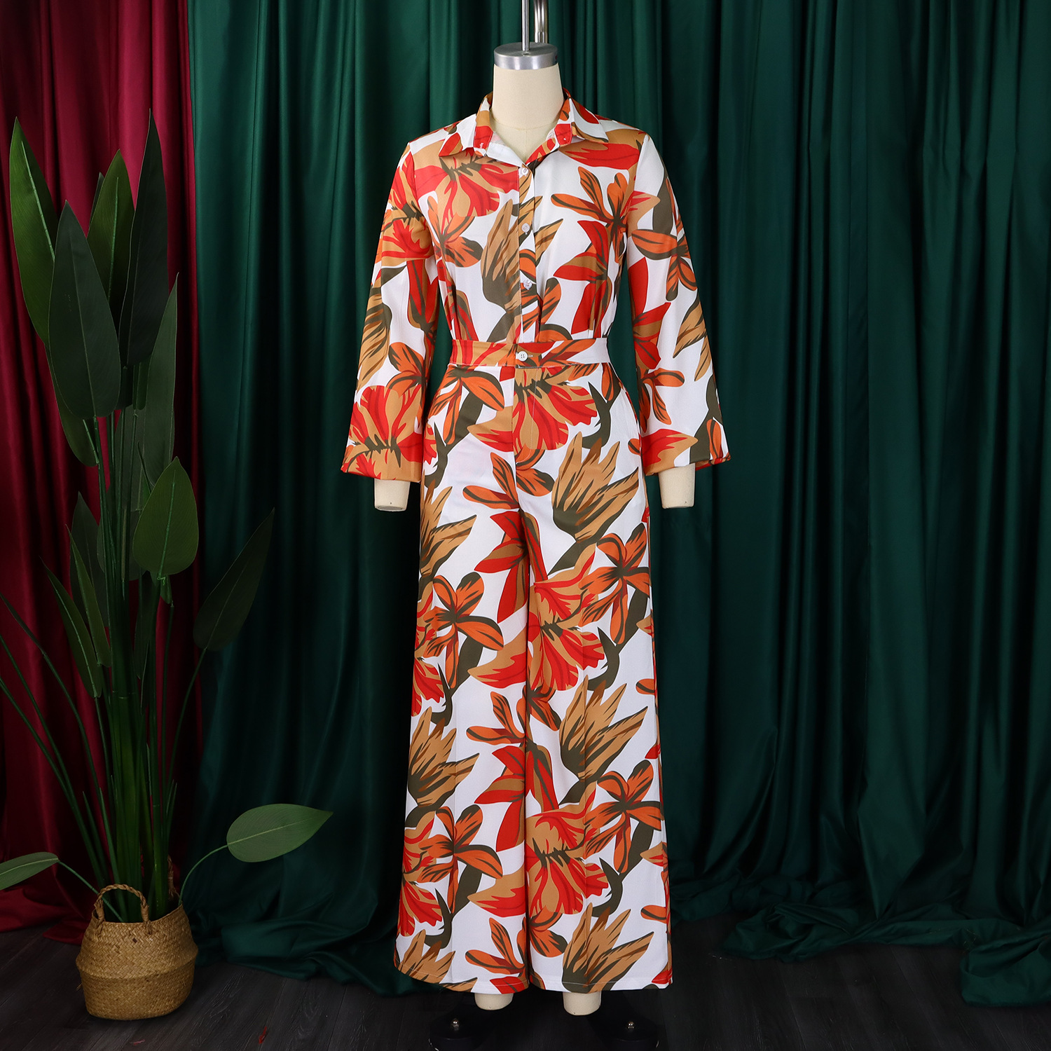 Autumn Spring Printed Long Sleeve Shirt Wide-Leg Pants Two Piece Set