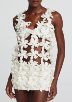 Sexy Hollow Floral Top Deep V Slim Waist Low Back Vest