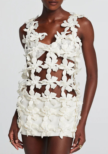 Sexy Hollow Floral Top Deep V Slim Waist Low Back Vest