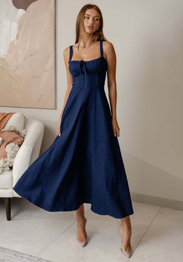 Summer Low Back Sleeveless Strap Denim Dress