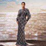 Women Long Sleeve Round Neck Bodycon Sequin Formal Party Fishtail Evening Dress