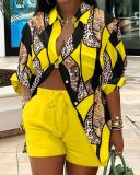 Women's Long Sleeve Printed Shirt Shorts Printed Two Piece Set