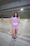 Fashionable Summer Turndown Collar Contrast Knit Top Shorts Set