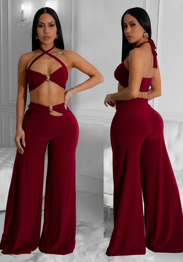 Women solid sexy strapless top and trousers two-piece suit