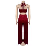 Women solid sexy strapless top and trousers two-piece suit