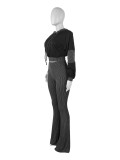 Twist Strip Hoodie Bell Bottom Pants Patchwork Two Piece Set