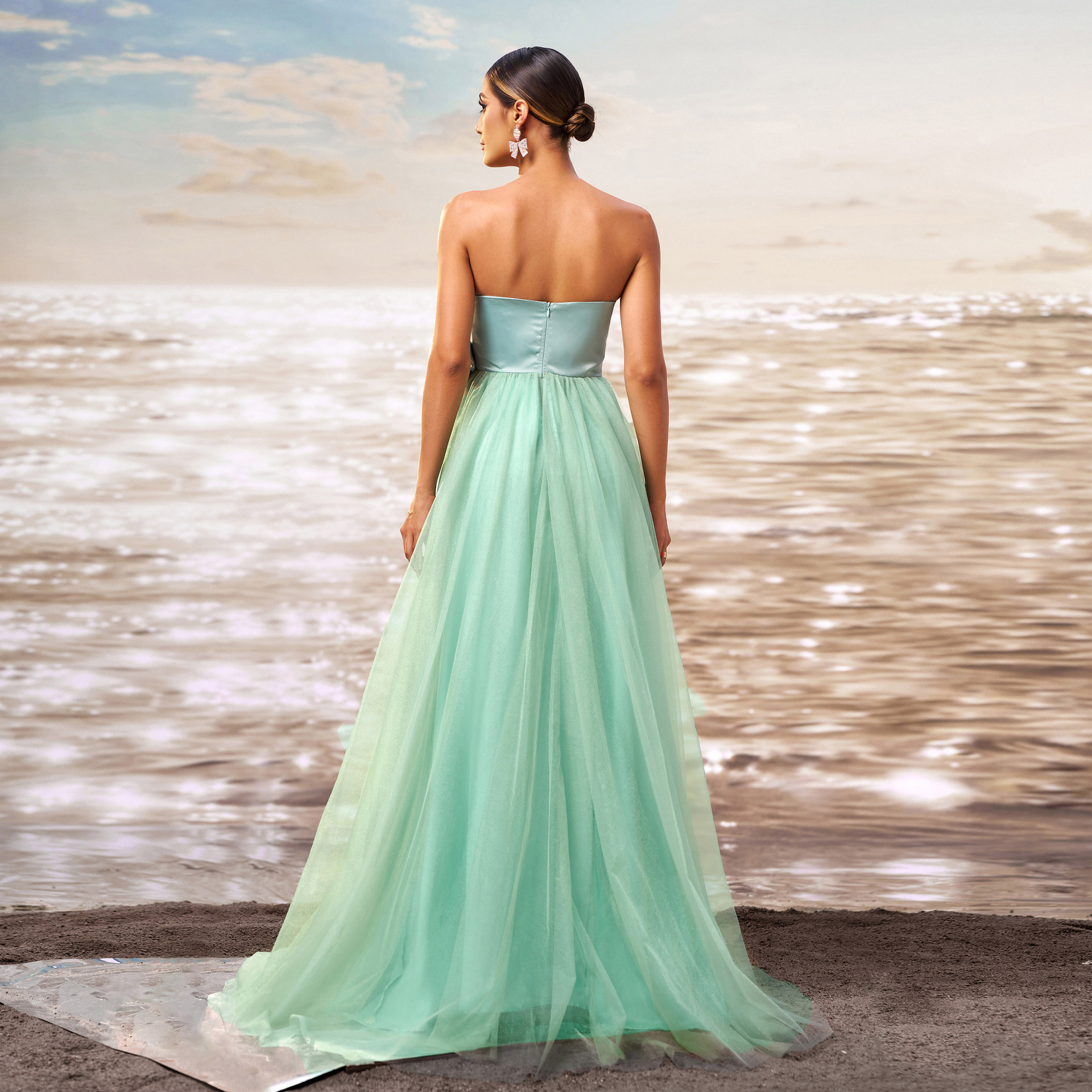 Women Sleeveless Wrap Formal Party mesh evening gown