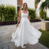 Spring Summer Square Neck Sleeveless Slim Waist Strap Dress