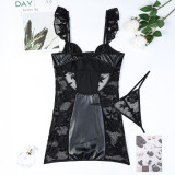 Leather Lace See Through Sexy Ruffled Lingerie Two Piece Set