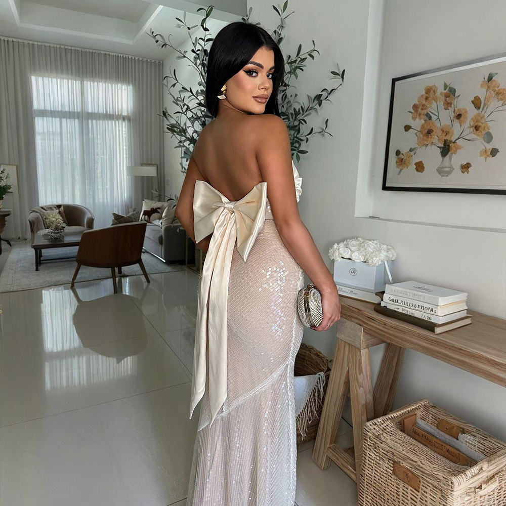 Women Sexy Strapless Satin Patchwork Sequin Fishtail Dress