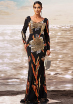 Women long sleeve v-neck Bodycon sequin Formal Party fishtail evening gown