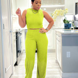 Casual High Stretch Ribbed Sleeveless Tank Top Wide Leg Pants Two Piece Set